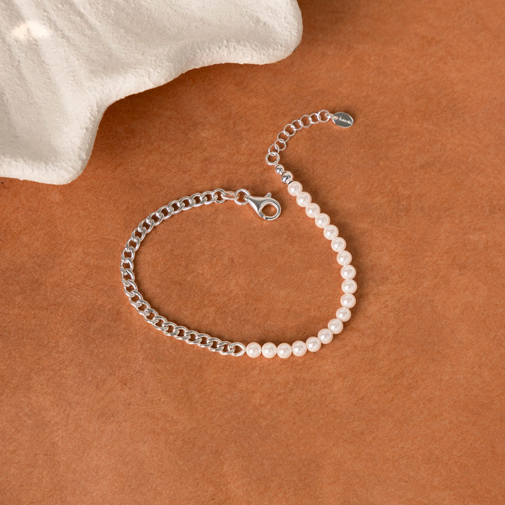 Half Curb Chain & Half Pearl Bracelet in Sterling Silver Marketing