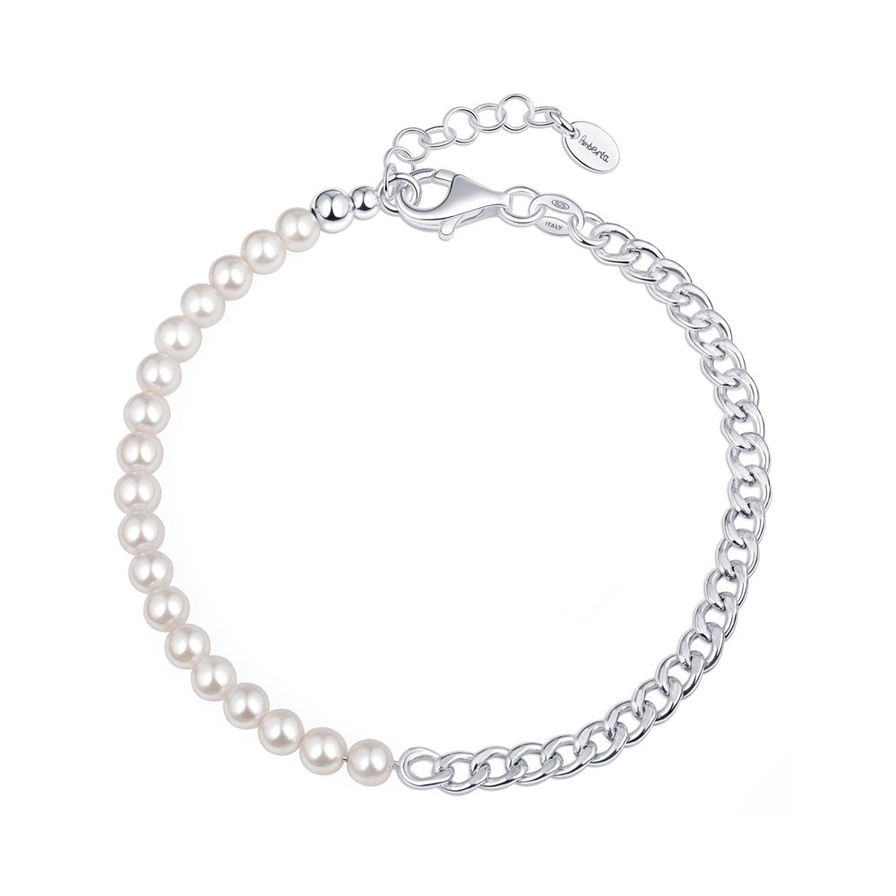 Half Curb Chain & Half Pearl Bracelet in Sterling Silver