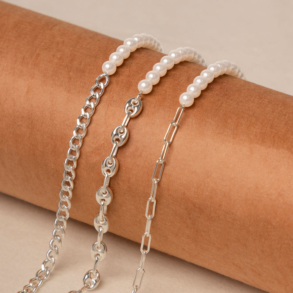 Half Paperclip Chain & Half Pearl Bracelet in Sterling Silver Collection