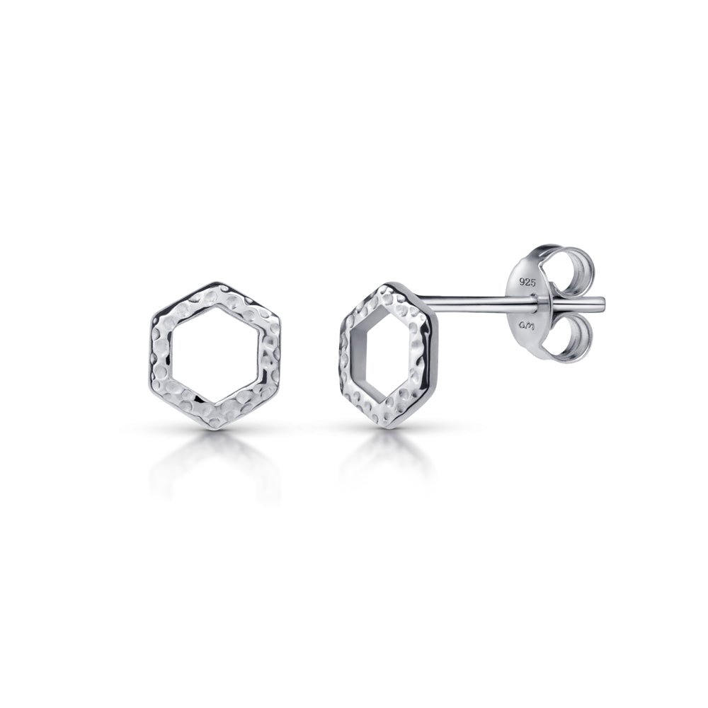 Silver Hammered Hexagon Stud Earrings 