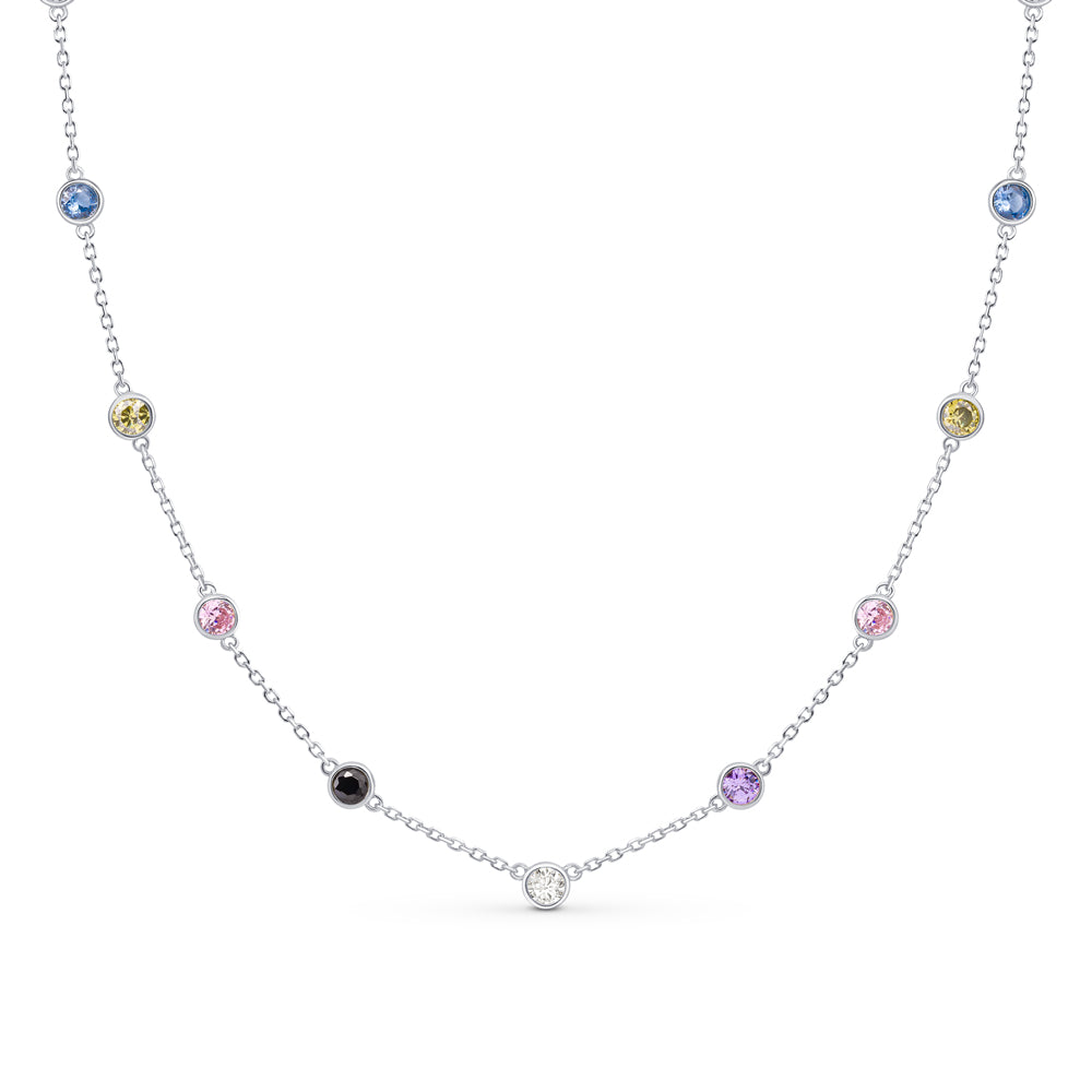 Silver colourful charm necklace placed against a white background