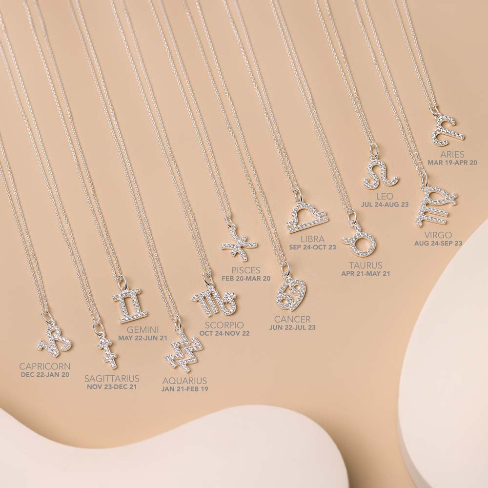 Twelve zodiac necklaces placed one next to each other accompanied with zodiac dates. 