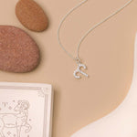 Flat lay of necklace with zodiac pendant on beige background and white details. 