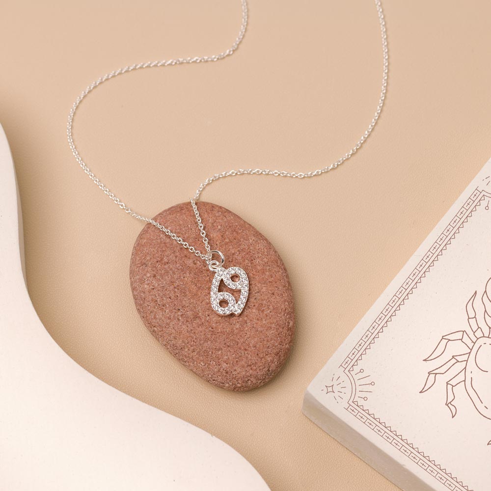 Flat lay of necklace with zodiac pendant on beige background and white details. 