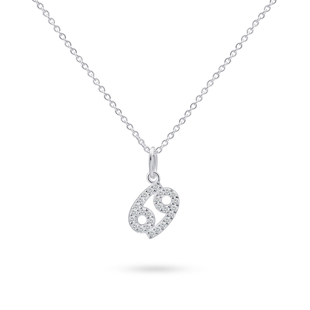 Product image of sterling silver necklace with cancer zodiac pendant with stones against white background.