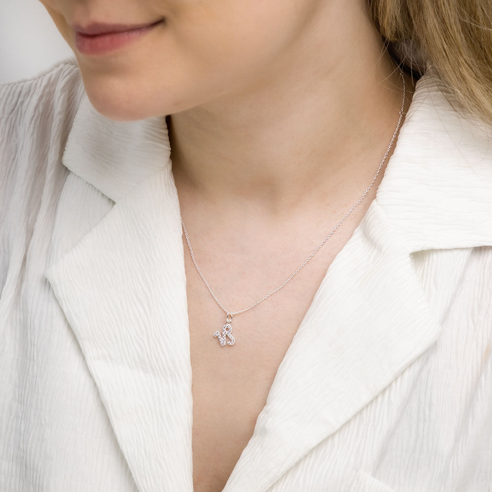 Woman wearing capricorn zodiac necklace around her neck in white top.
