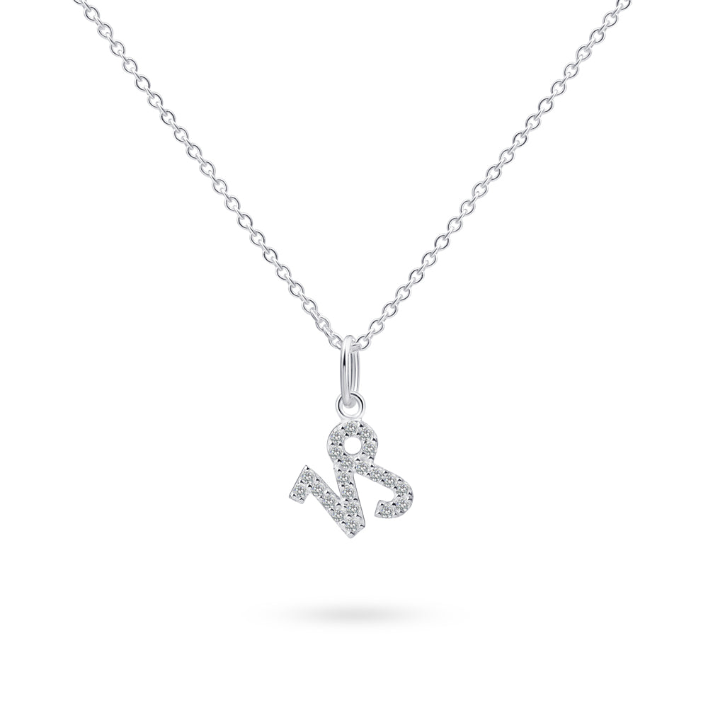 Product image of sterling silver necklace with capricorn zodiac pendant with stones against white background.