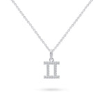 Product image of sterling silver necklace with gemini zodiac pendant with stones against white background.