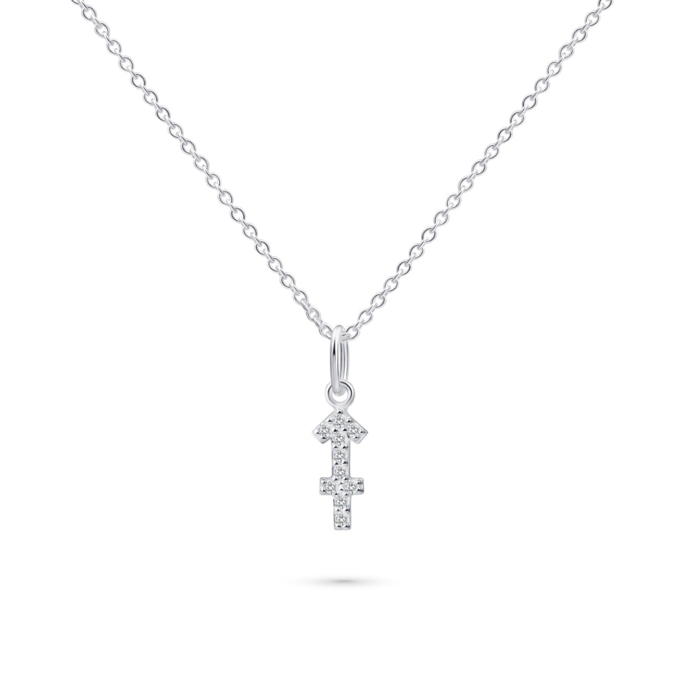 Product image of sterling silver necklace with sagittarius zodiac pendant with stones against white background.