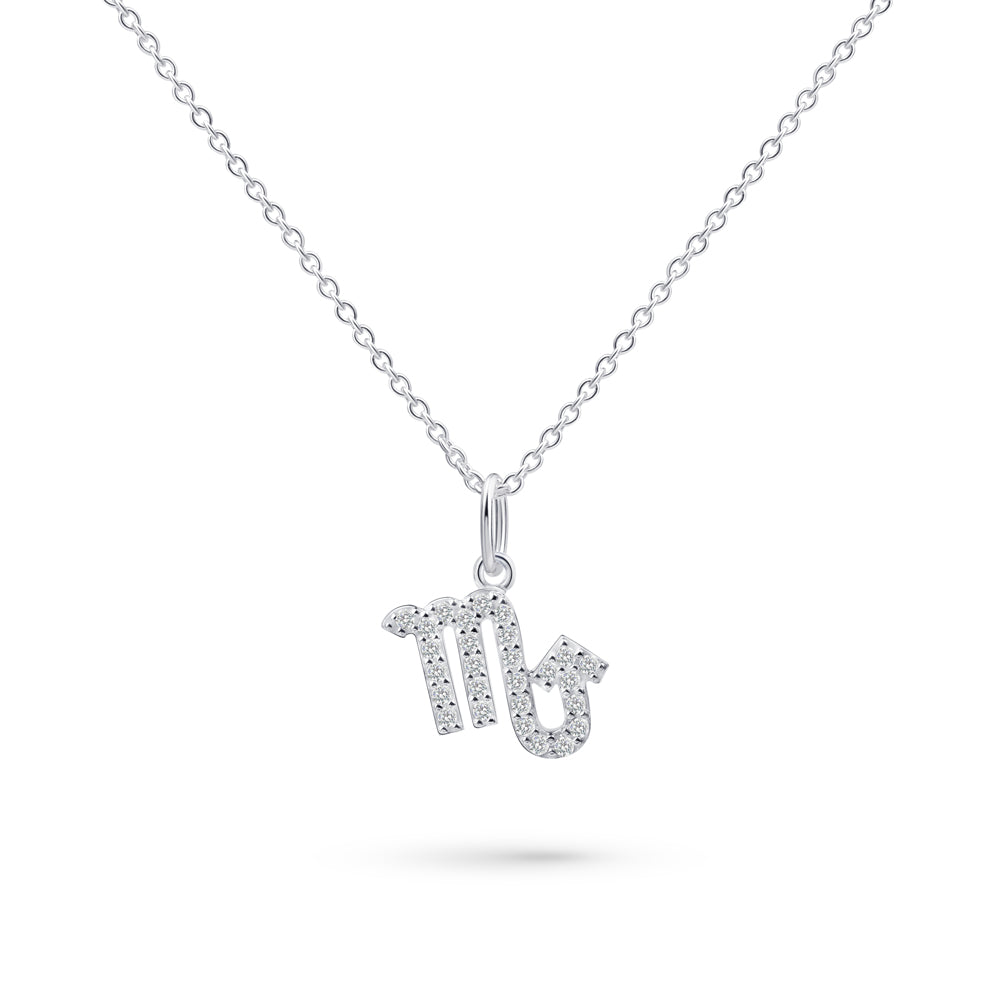 Product image of sterling silver necklace with scorpio zodiac pendant with stones against white background.