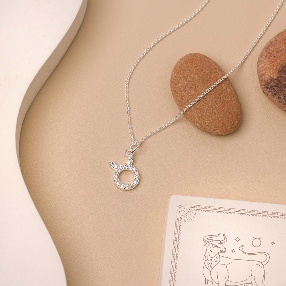 Flat lay of necklace with zodiac pendant on beige background and white details. 