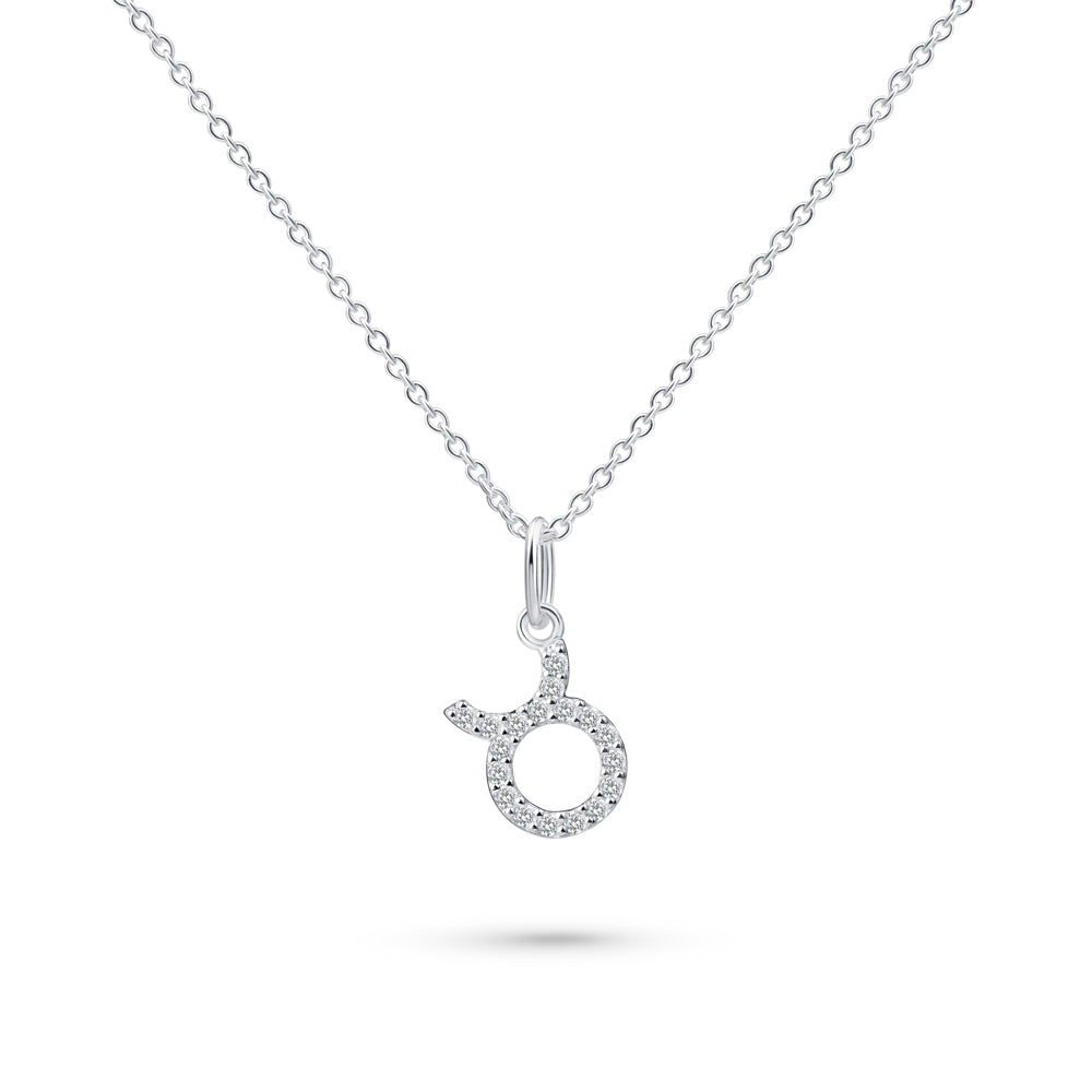 Product image of sterling silver necklace with taurus zodiac pendant with stones against white background.