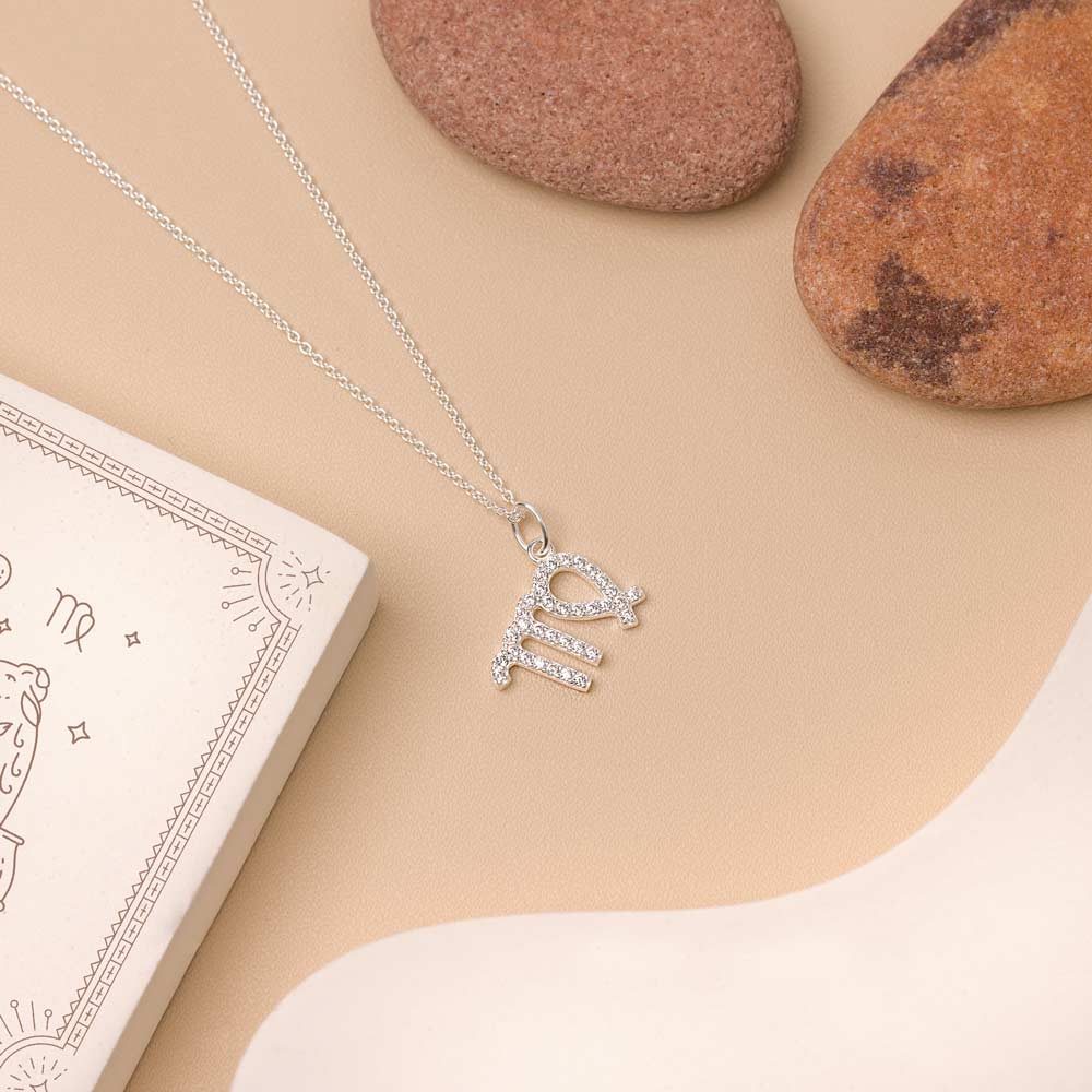 Flat lay of necklace with zodiac pendant on beige background and white details. 