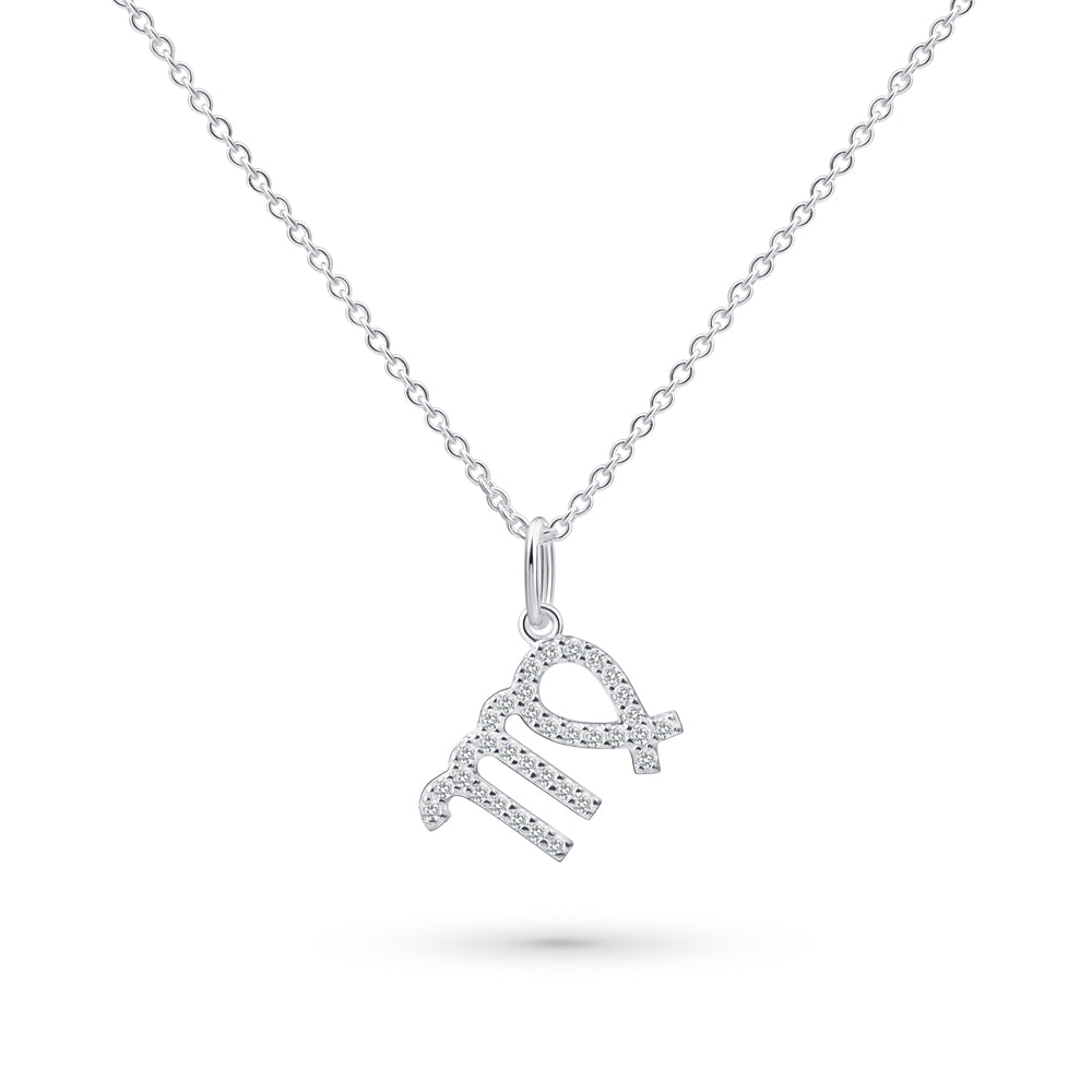 Product image of sterling silver necklace with virgo zodiac pendant with stones against white background.