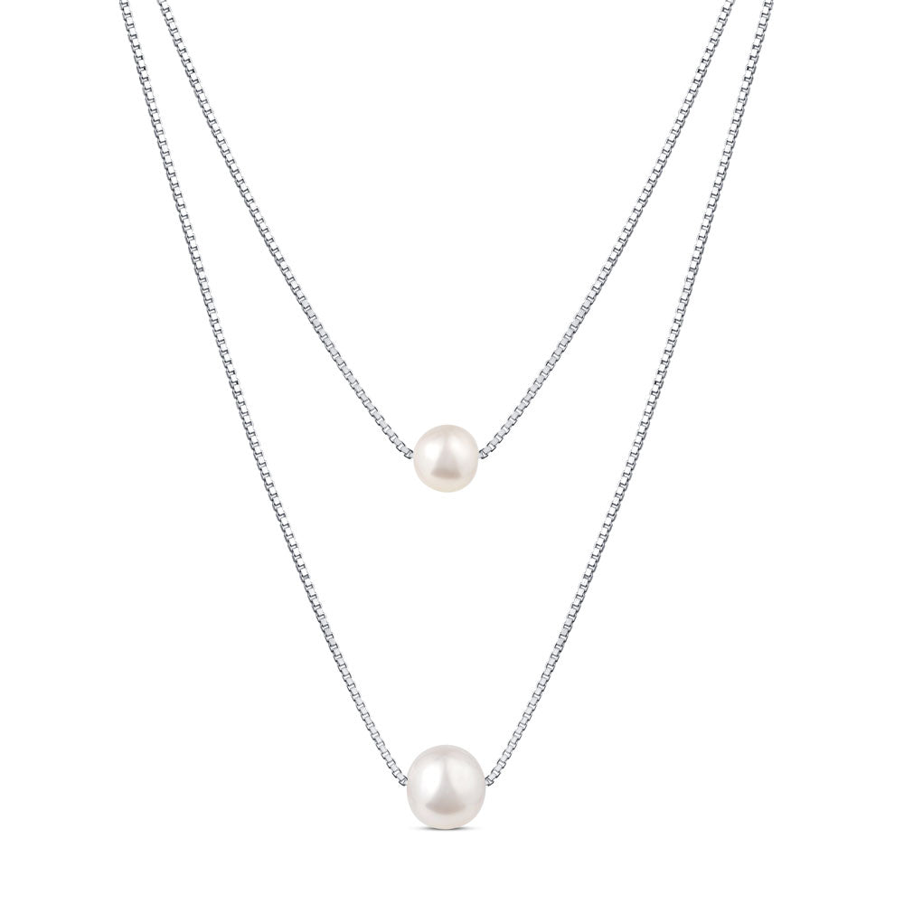 Layered Necklace with Freshwater Pearl Pendant in Sterling Silver