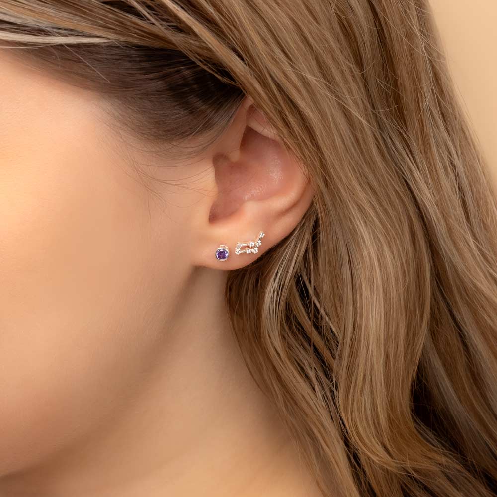 Close-up of a woman's ear wearing two earrings: a small stud earring featuring a amethyst birthstone and a stunning Aquarius constellation-shaped piece with clear stones