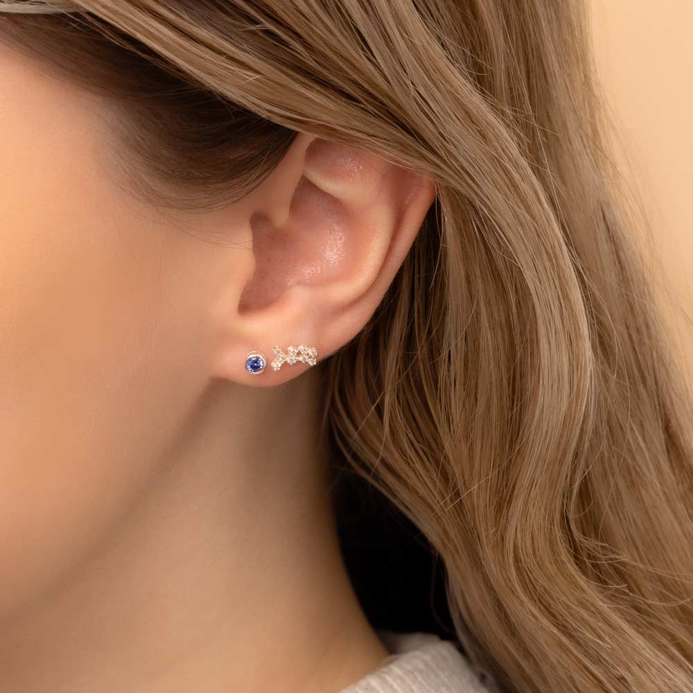 Close-up of a woman's ear wearing two earrings: a small stud earring featuring a tanzanite birthstone and a stunning Sagittarius constellation-shaped piece with clear stones