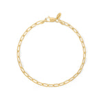 A gold plated paperclip chain bracelet on a white background