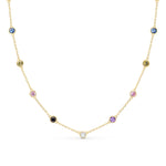 Gold plated colourful charm necklace placed against a white background