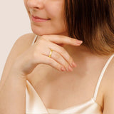 Woman wearing gold plated wedding band in 4mm thick.