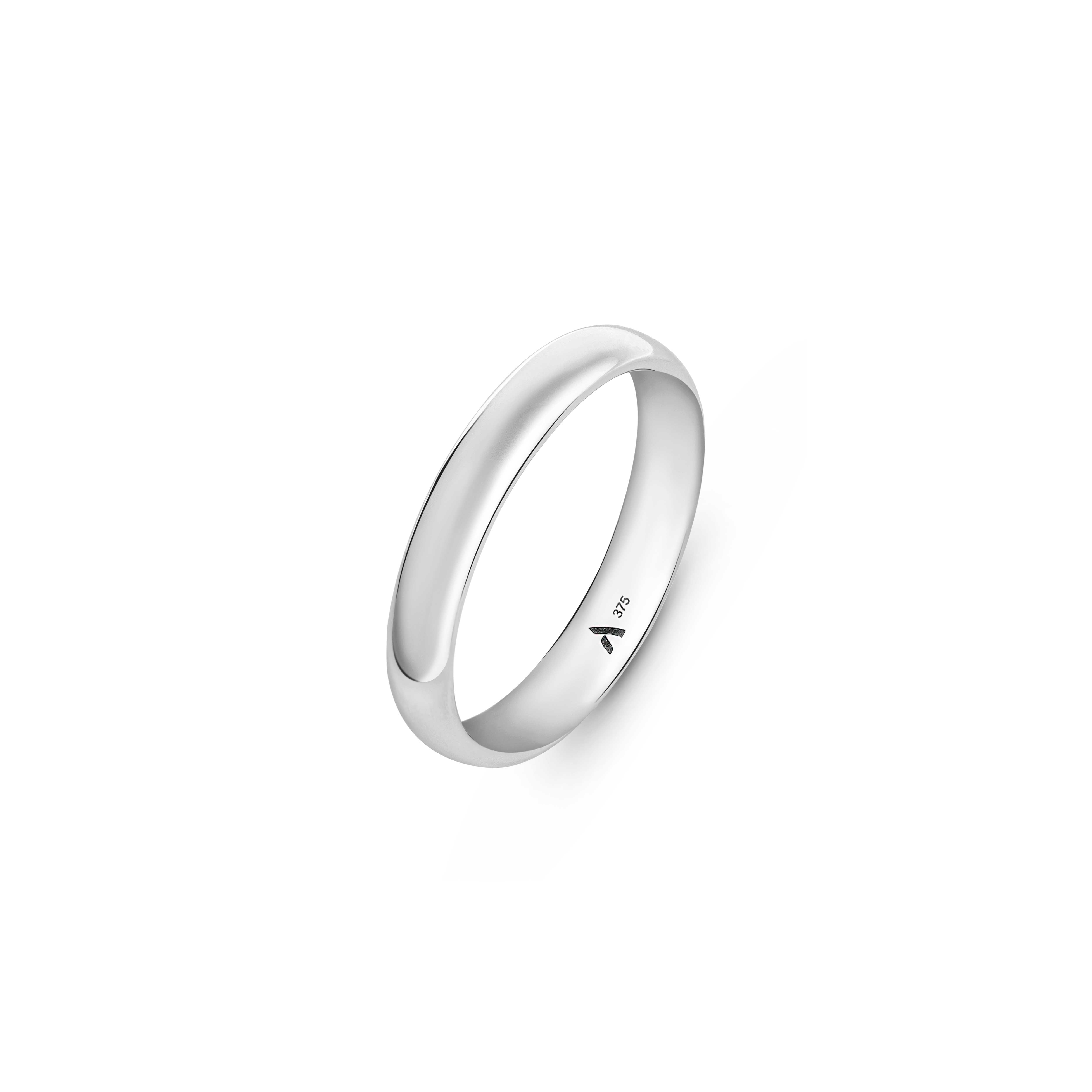A 9ct White gold wedding band 3.5mm placed on a white background 
