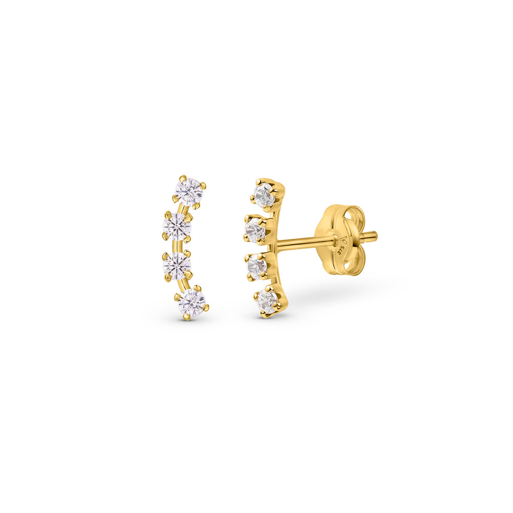Two elegant gold crawler earrings featuring cubic zirconia against a white background
