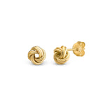9K gold knot stud earrings placed on a white background