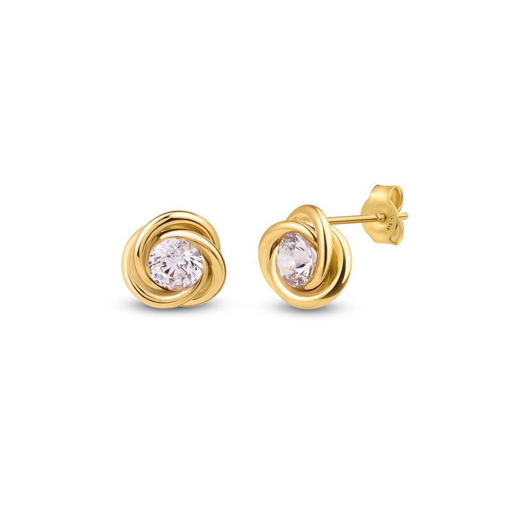 9K gold knot stud earrings with CZ stone in middle placed on a white background 