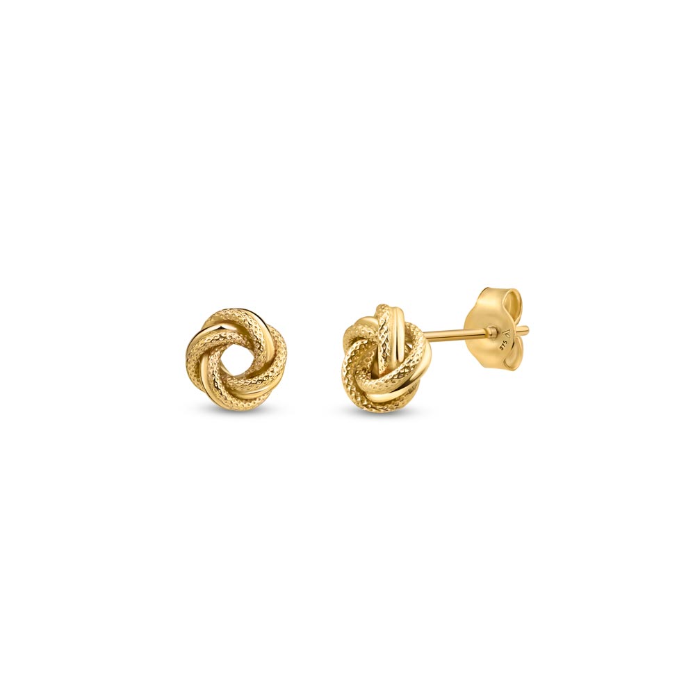 9K gold Textured knot stud earrings placed on a white background