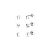 Moon and Star Stud Earrings Set in Silver